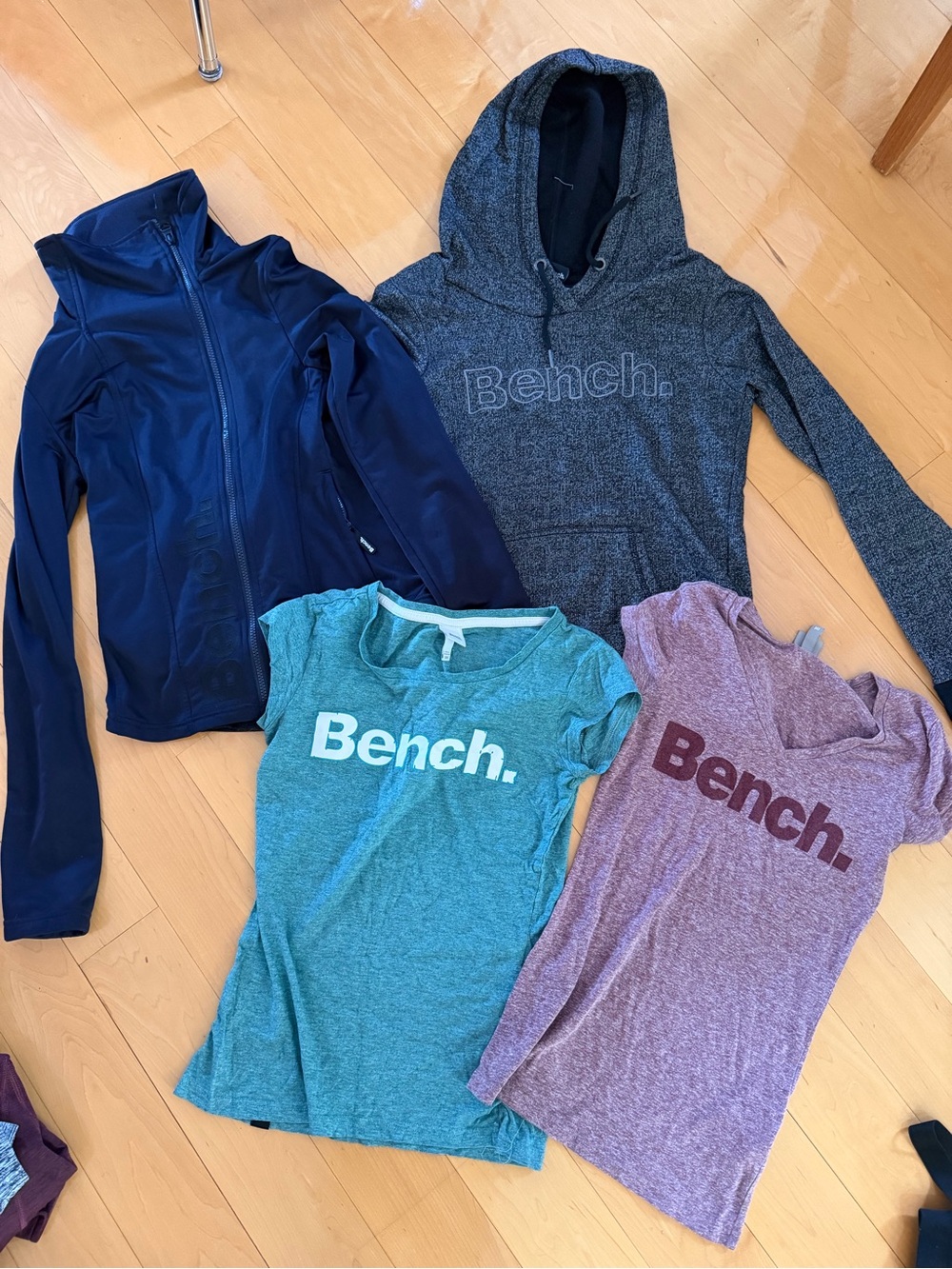 Bench Women's set of 4 Navy Jacket, Gray Hoodie, Teal Tee & Mauve Tee - small